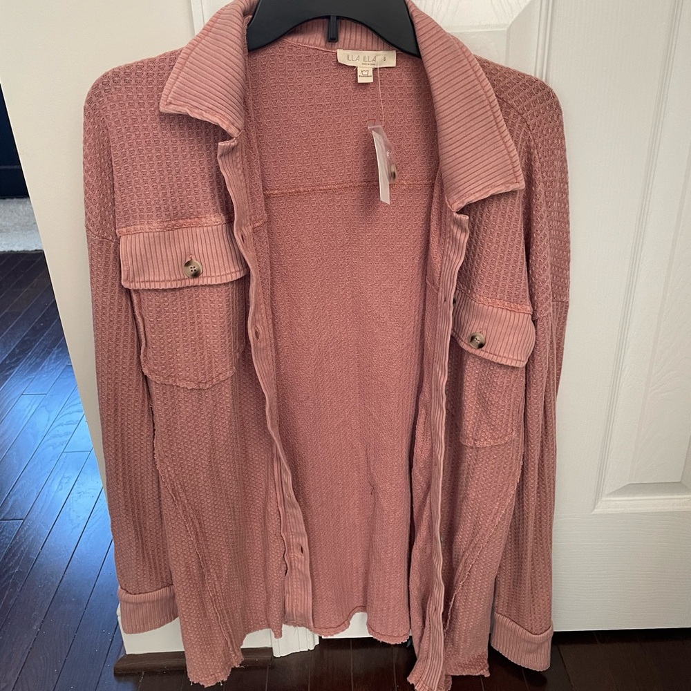 Red dress dusty rose top